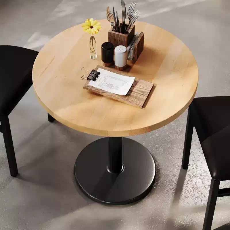 Plateau de table rond commercial en bois massif avec pied de table de salle à manger rond en fonte résistant à la rouille de 18 po