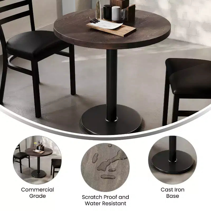 Plateau de table rond commercial en bois massif avec pied de table de salle à manger rond en fonte résistant à la rouille de 18 po
