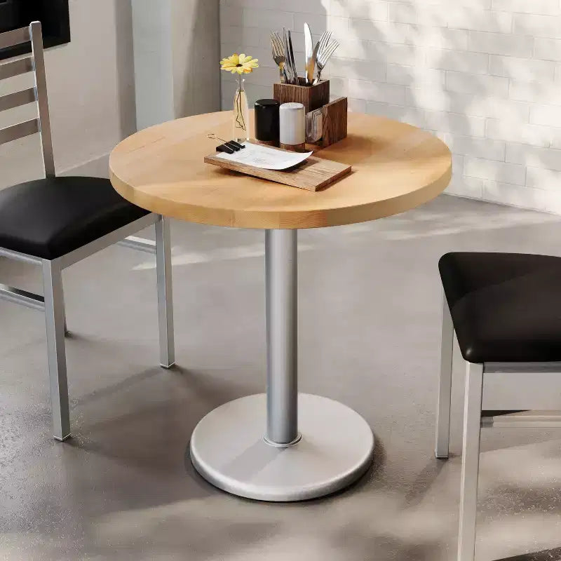 Plateau de table rond commercial en bois massif avec pied de table de salle à manger rond en fonte résistant à la rouille de 18 po