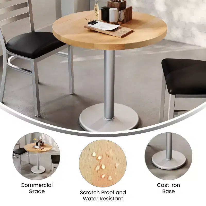 Plateau de table rond commercial en bois massif avec pied de table de salle à manger rond en fonte résistant à la rouille de 18 po