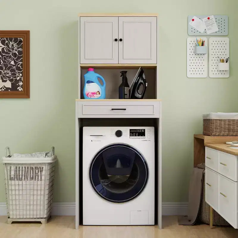 GDFStudio Ione 71.65''H Modern Over the Washing Machines Storage Cabinet with Adjustable Shelf, Fake Drawer and 1 Door
