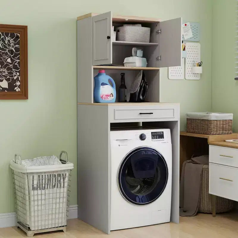 Meuble de rangement moderne de 71,65''H au-dessus des machines à laver avec étagère réglable, faux tiroir et 1 porte