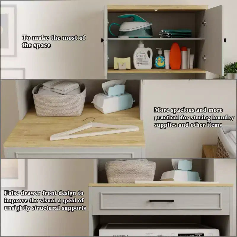 Meuble de rangement moderne de 71,65''H au-dessus des machines à laver avec étagère réglable, faux tiroir et 1 porte