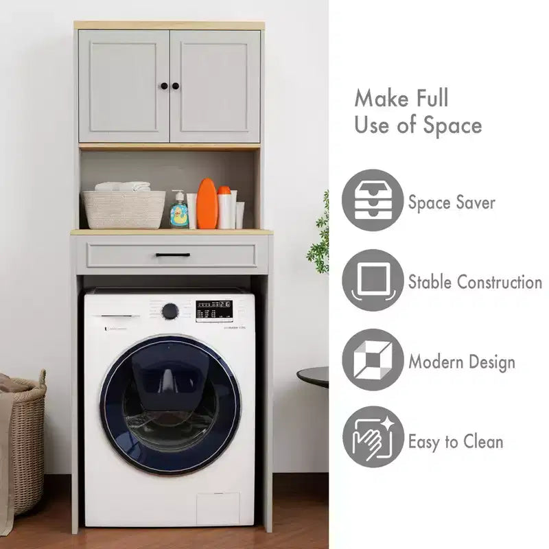 Meuble de rangement moderne de 71,65''H au-dessus des machines à laver avec étagère réglable, faux tiroir et 1 porte