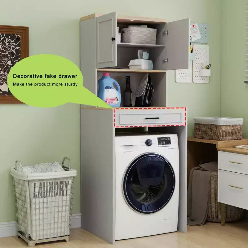 Meuble de rangement moderne de 71,65''H au-dessus des machines à laver avec étagère réglable, faux tiroir et 1 porte
