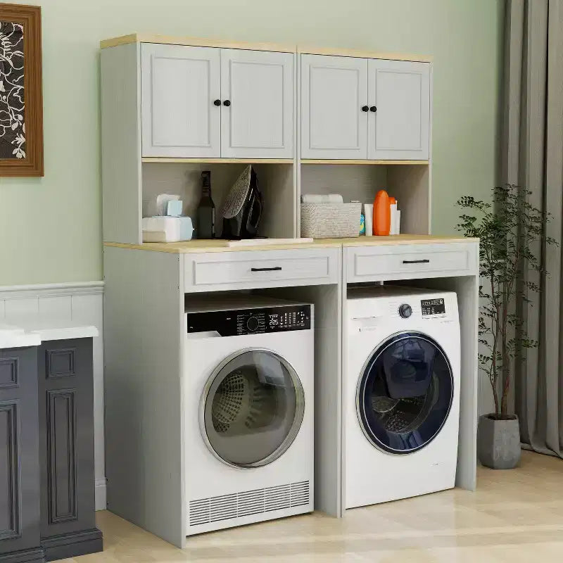 Meuble de rangement moderne de 71,65''H au-dessus des machines à laver avec étagère réglable, faux tiroir et 1 porte