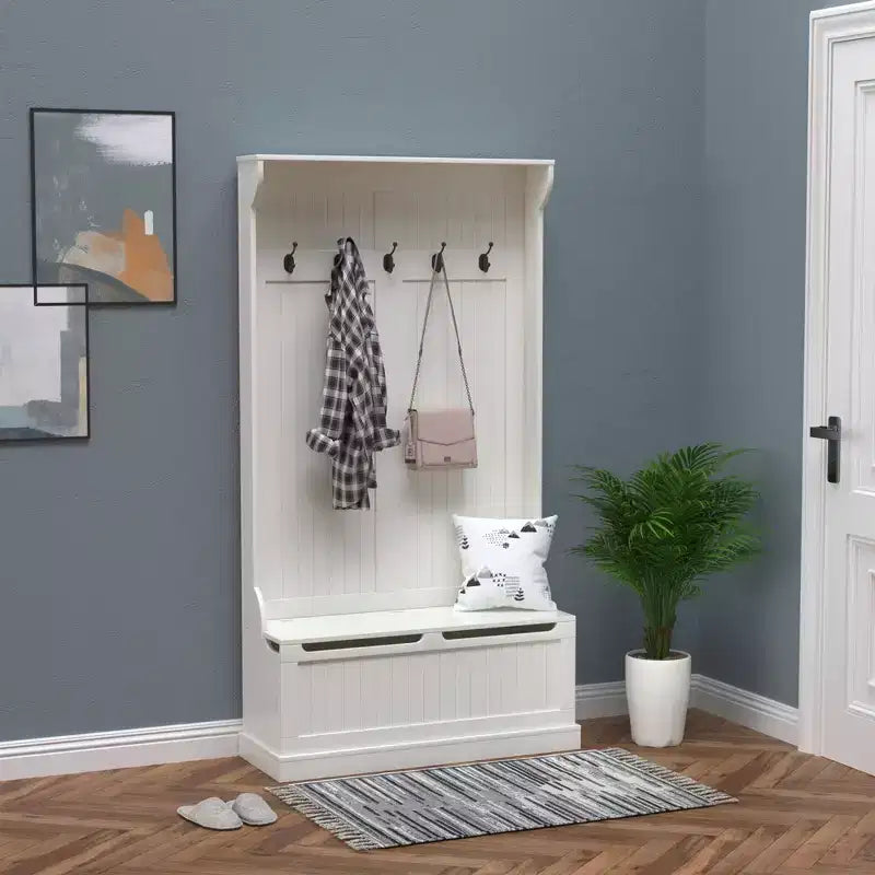 Arbre d'entrée de 96,5 cm avec 5 crochets métalliques, porte-manteau avec rangement à chaussures et porte supérieure, portemanteau autoportant pour salon, entrée, crème