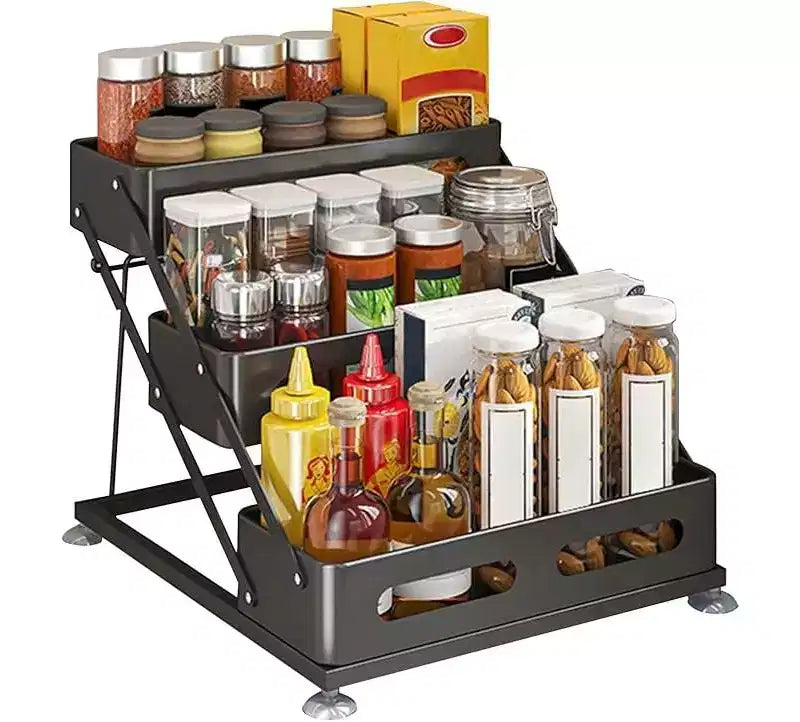 Étagère à épices à 3 niveaux, réglable en hauteur, en métal, pour bouteilles d'épices de cuisine, s'adapte parfaitement aux armoires, comptoirs et garde-manger.