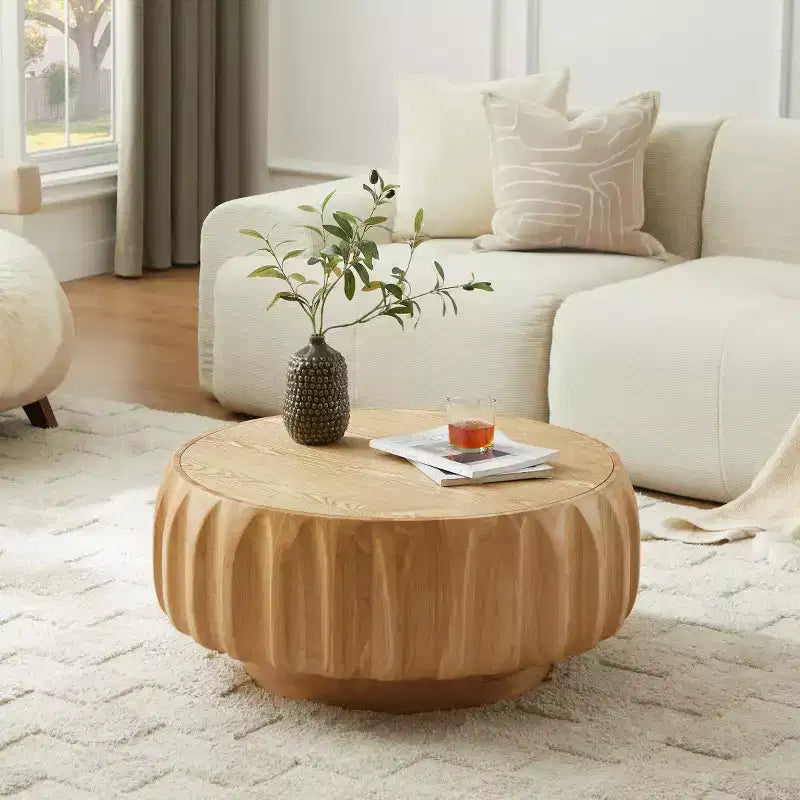 Table basse ronde en bois de 31,5 po, table basse centrale en bois cannelé sculpté de style moderne du milieu du siècle pour salon ou appartement - Panipeachy