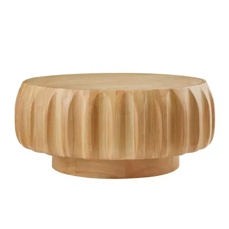Table basse ronde en bois de 31,5 po, table basse centrale en bois cannelé sculpté de style moderne du milieu du siècle pour salon ou appartement - Panipeachy