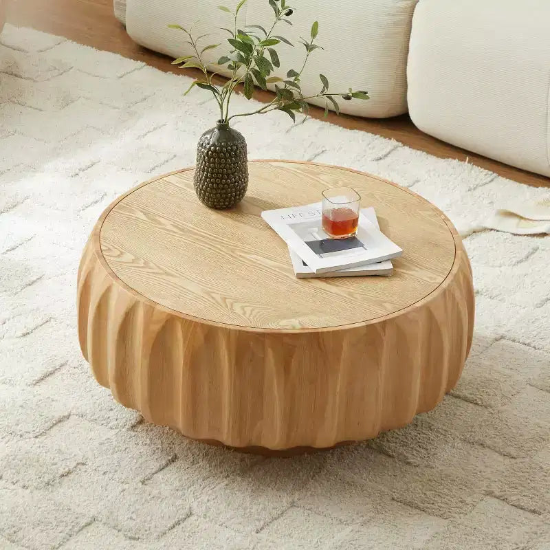 Table basse ronde en bois de 31,5 po, table basse centrale en bois cannelé sculpté de style moderne du milieu du siècle pour salon ou appartement - Panipeachy