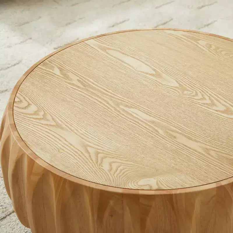 Table basse ronde en bois de 31,5 po, table basse centrale en bois cannelé sculpté de style moderne du milieu du siècle pour salon ou appartement - Panipeachy