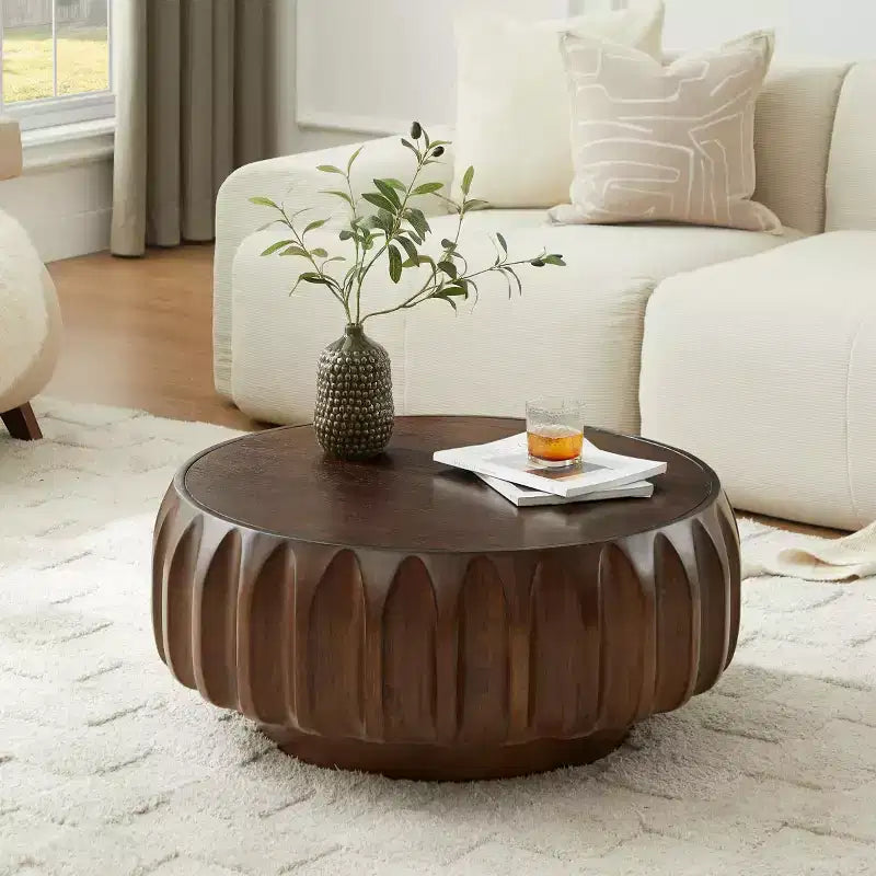 Table basse ronde en bois de 31,5 po, table basse centrale en bois cannelé sculpté de style moderne du milieu du siècle pour salon ou appartement - Panipeachy