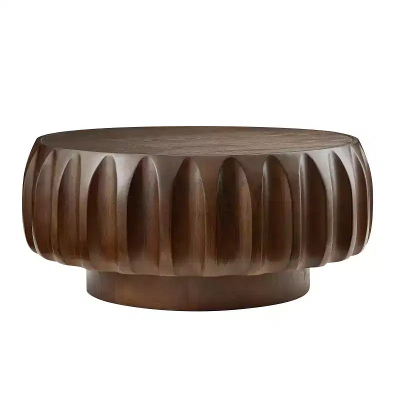 Table basse ronde en bois de 31,5 po, table basse centrale en bois cannelé sculpté de style moderne du milieu du siècle pour salon ou appartement - Panipeachy