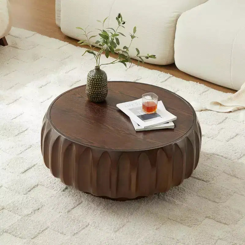 Table basse ronde en bois de 31,5 po, table basse centrale en bois cannelé sculpté de style moderne du milieu du siècle pour salon ou appartement - Panipeachy