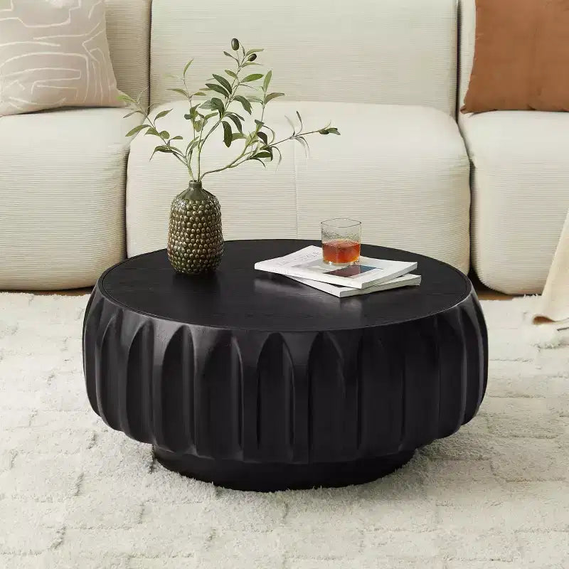 Table basse ronde en bois de 31,5 po, table basse centrale en bois cannelé sculpté de style moderne du milieu du siècle pour salon ou appartement - Panipeachy