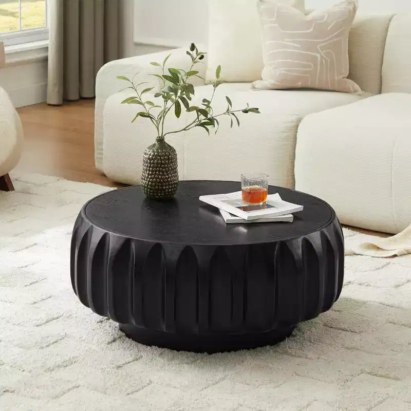 Table basse ronde en bois de 31,5 po, table basse centrale en bois cannelé sculpté de style moderne du milieu du siècle pour salon ou appartement - Panipeachy