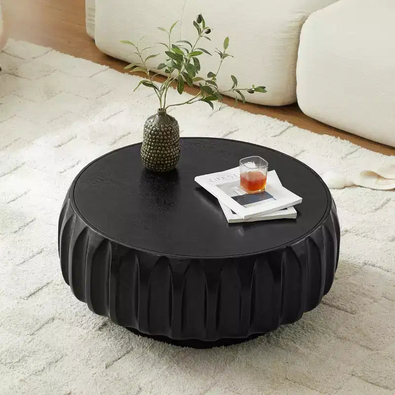Table basse ronde en bois de 31,5 po, table basse centrale en bois cannelé sculpté de style moderne du milieu du siècle pour salon ou appartement - Panipeachy