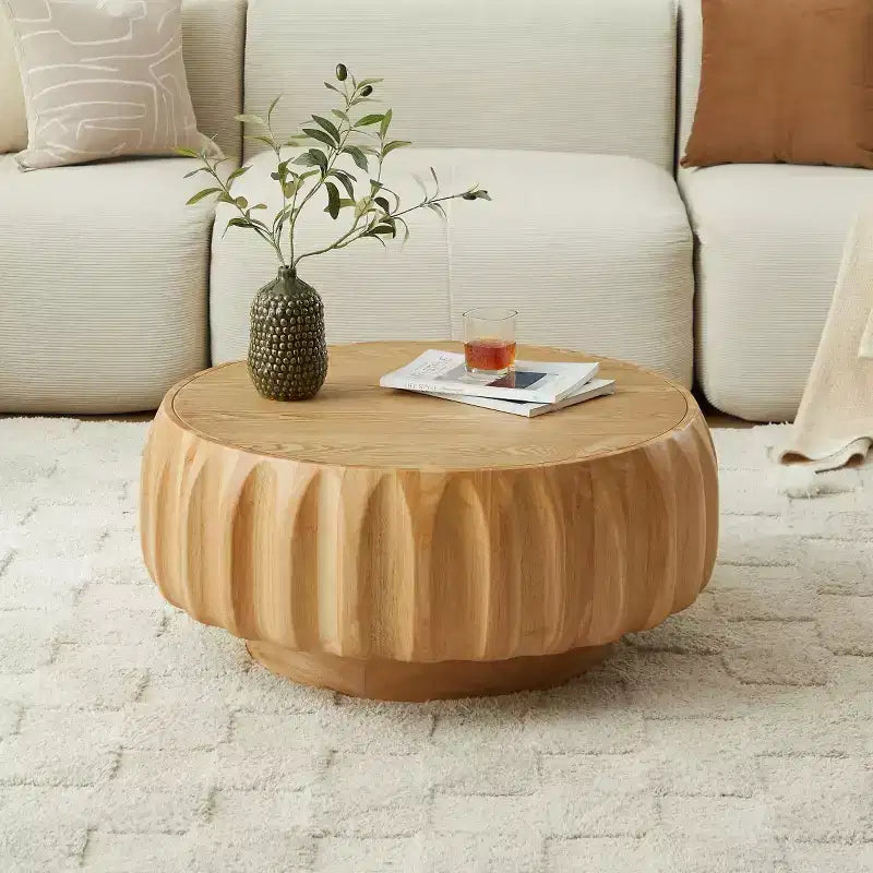 Table basse ronde en bois de 31,5 po, table basse centrale en bois cannelé sculpté de style moderne du milieu du siècle pour salon ou appartement - Panipeachy