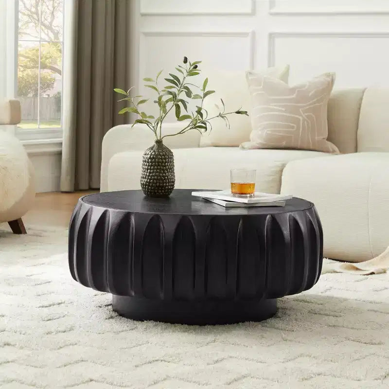 31.5 Round Wood Coffee Table, Mid-Century Modern Fluted Wood Carved Center Table for Living Room or Apartment - Panipeachy