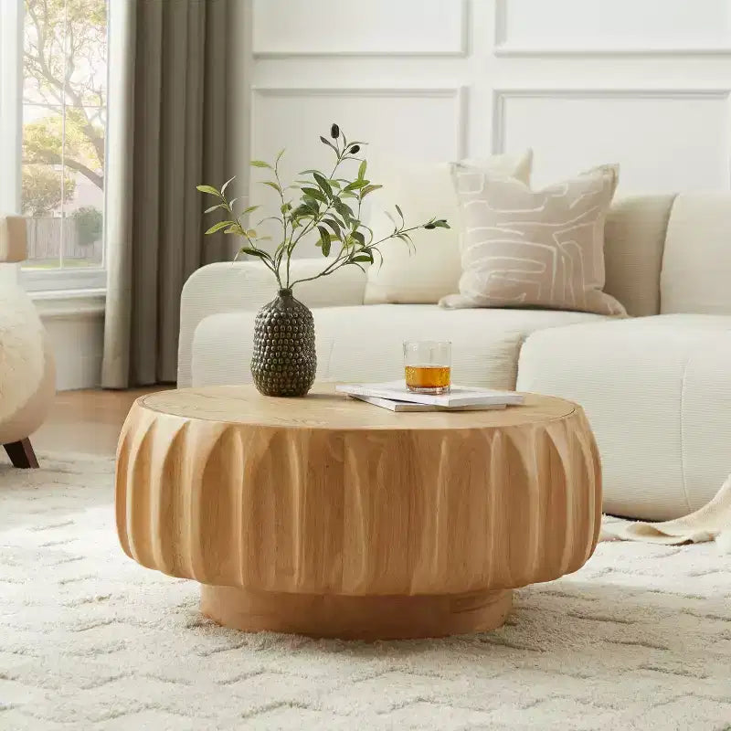 Table basse ronde en bois de 31,5 po, table basse centrale en bois cannelé sculpté de style moderne du milieu du siècle pour salon ou appartement - Panipeachy