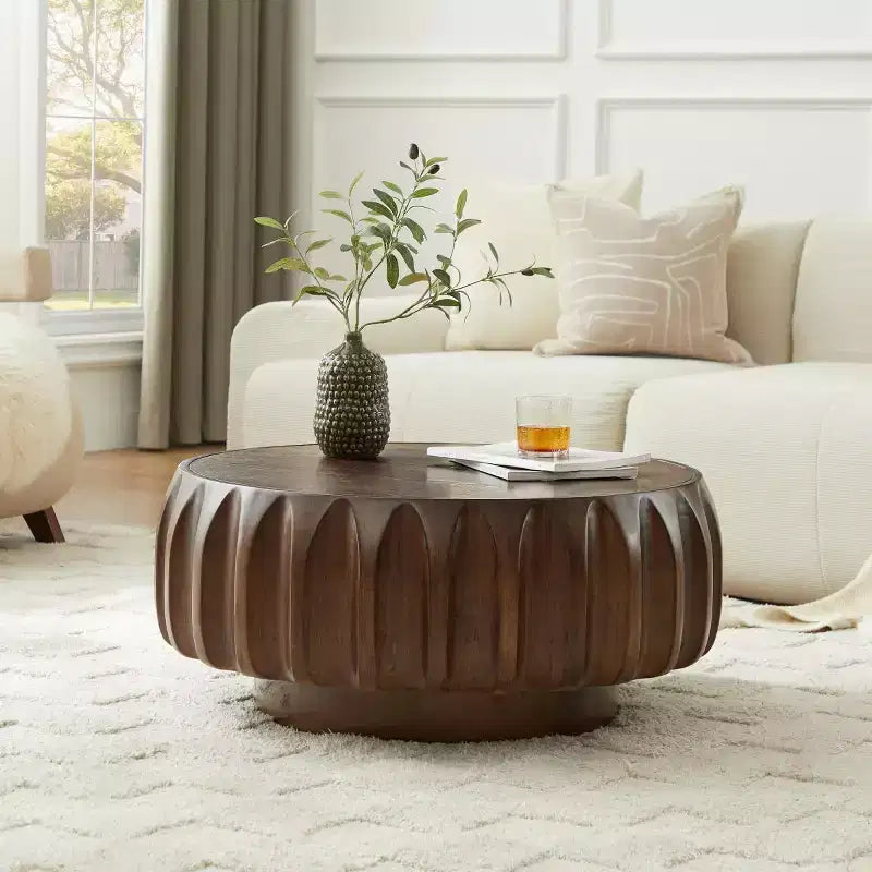 Table basse ronde en bois de 31,5 po, table basse centrale en bois cannelé sculpté de style moderne du milieu du siècle pour salon ou appartement - Panipeachy