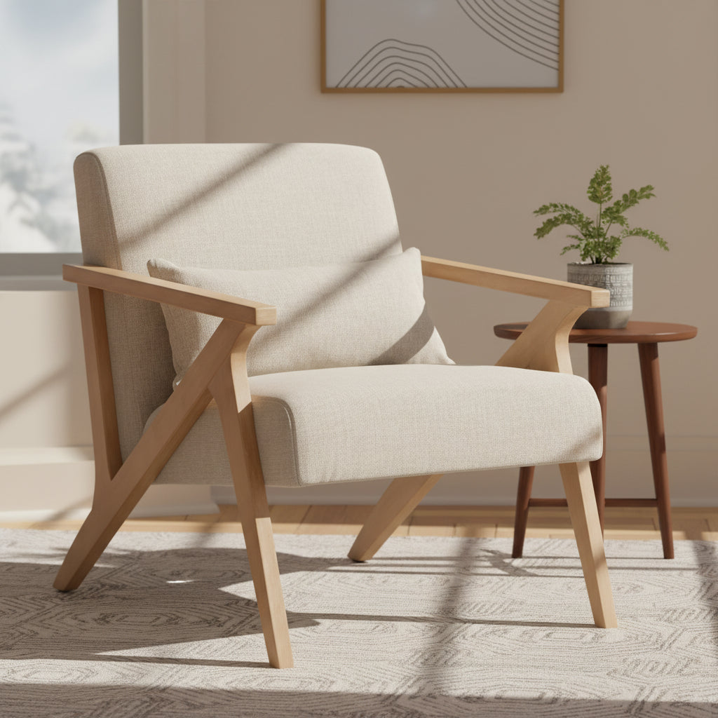 Crestview Collection White Upholstered Accent Arm Chair with Brown Wooden Frame