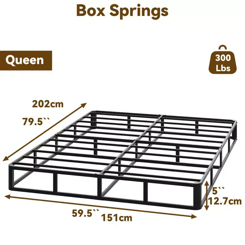 Dyonery Sommier Tapissier Métal Queen 12,7 cm avec Coins Arrondis - Cadre de Lit Robuste à Profil Haut avec Lattes en Acier, Silencieux, Montage Facile, Noir