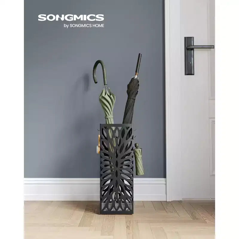 Steel Umbrella Stand with Drip Tray, Freestanding Umbrella Holder with 4 Hooks for Entryway, Organizer for Canes Walking Sticks, Black