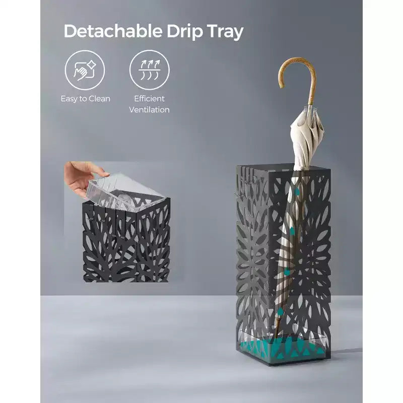 Porte-parapluies en acier avec bac d'égouttement, support de parapluies autoportant avec 4 crochets pour entrée, organiseur pour cannes et bâtons de marche, noir