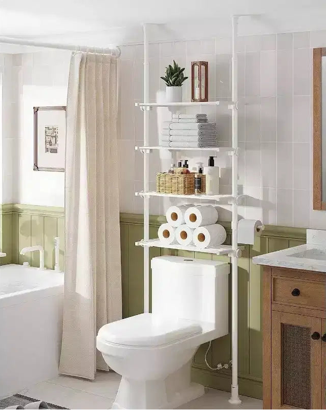 Adjustable Over Toilet Storage Shelf 4 - Tier Bathroom Organizer White Tension Mounted Ample Storage Fits 64 - 113 Inch Heights