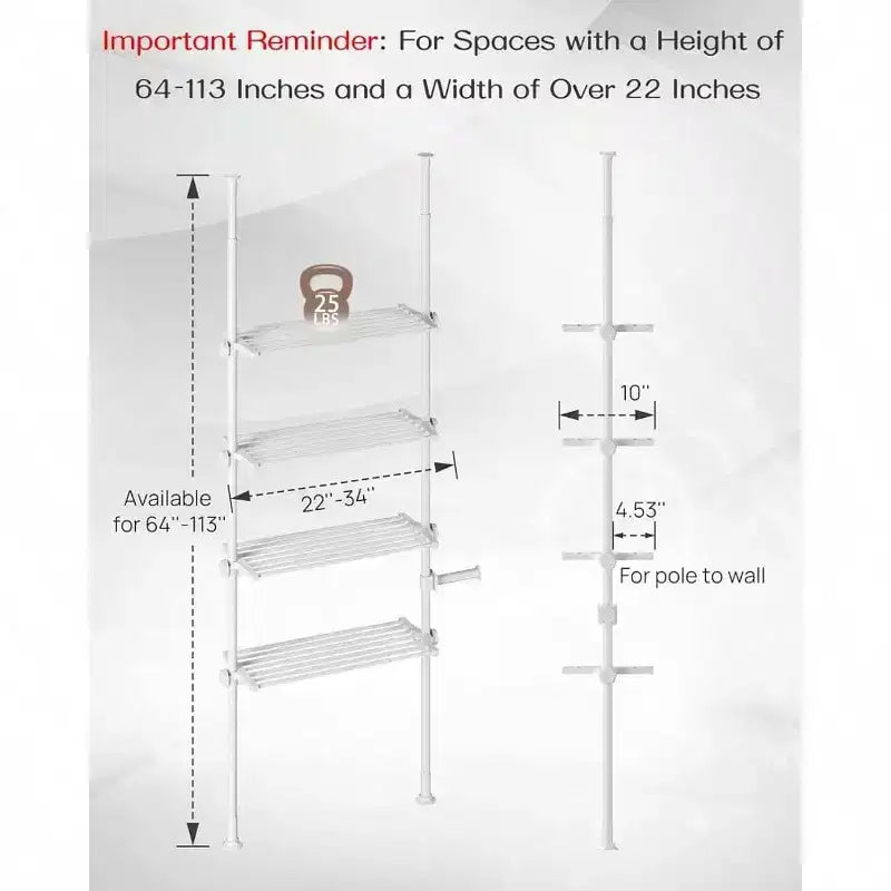 Étagère de rangement réglable sur toilettes, 4 niveaux, organisateur de salle de bain blanc, à tension, grand espace de rangement, pour hauteurs de 162 à 287 cm.