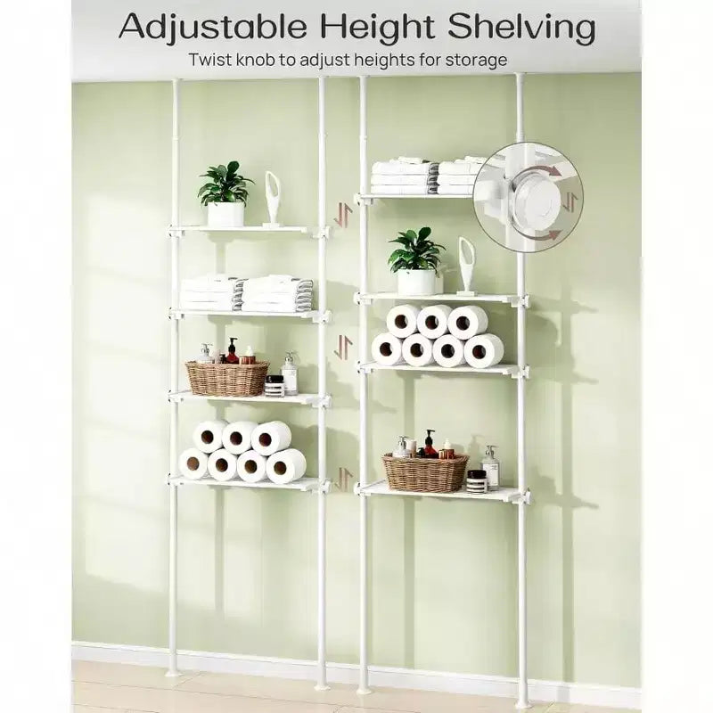 Étagère de rangement réglable sur toilettes, 4 niveaux, organisateur de salle de bain blanc, à tension, grand espace de rangement, pour hauteurs de 162 à 287 cm.