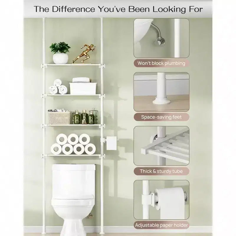Étagère de rangement réglable sur toilettes, 4 niveaux, organisateur de salle de bain blanc, à tension, grand espace de rangement, pour hauteurs de 162 à 287 cm.