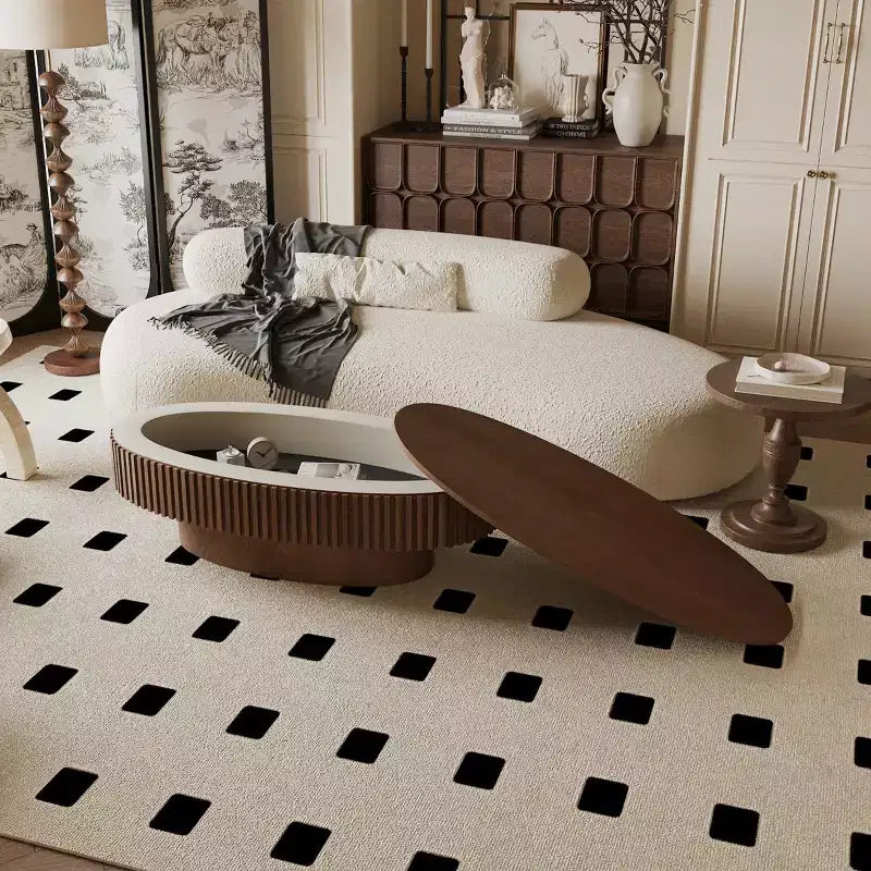 Table basse ovale moderne de 120 cm avec rangement, table d'appoint avec plateau amovible pour salon ou appartement