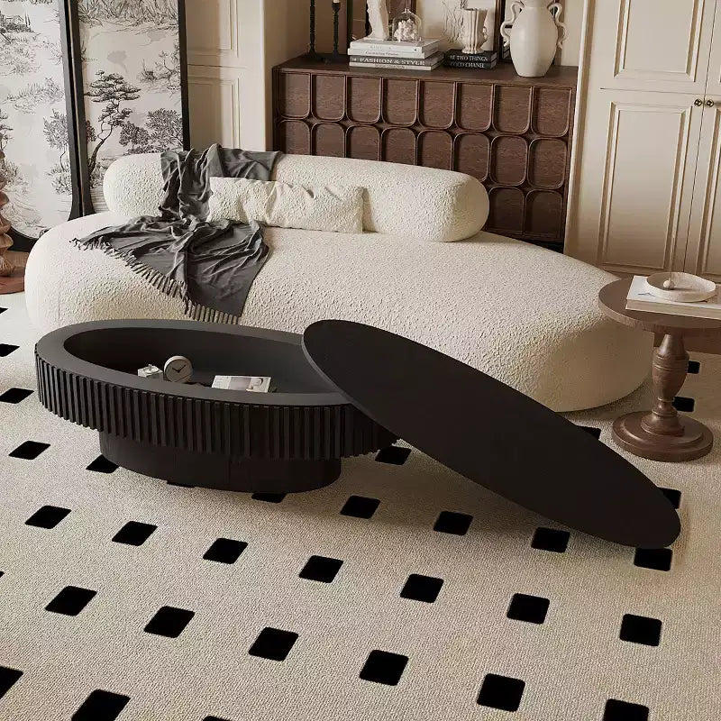 Table basse ovale moderne de 120 cm avec rangement, table d'appoint avec plateau amovible pour salon ou appartement