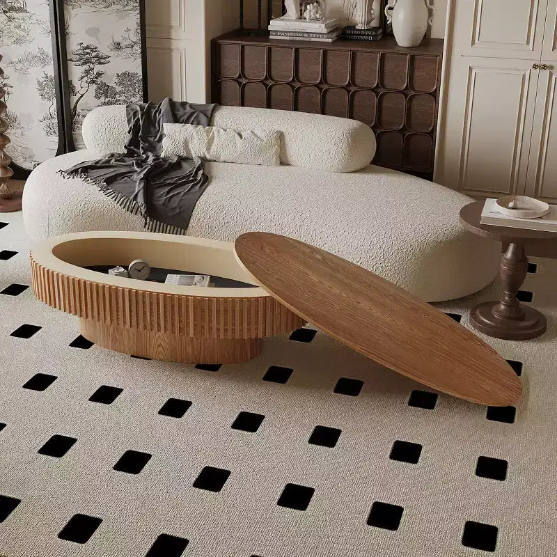 Table basse ovale moderne de 120 cm avec rangement, table d'appoint avec plateau amovible pour salon ou appartement