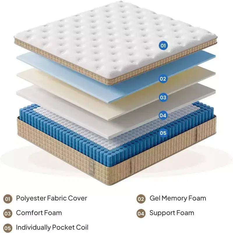 Matelas hybride Queen 14 po, matelas à isolation de mouvement, matelas en mousse à mémoire de forme, ressorts ensachés