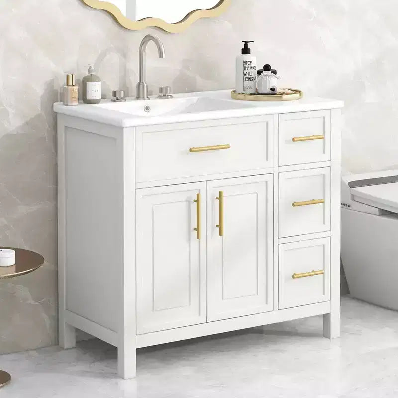 MAYEERTY 36 Bathroom Vanity with Sink Top 2 Doors 3 Drawers Solid Wood MDF White