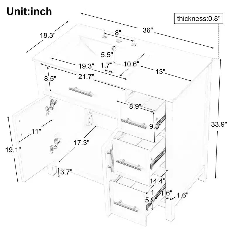 Meuble-lavabo de salle de bain 36 po avec dessus de lavabo, 2 portes, 3 tiroirs, en bois massif et MDF, blanc