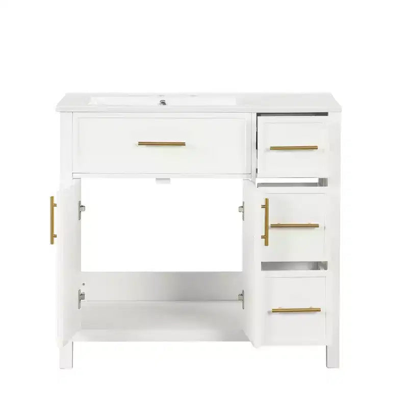 Meuble-lavabo de salle de bain 36 po avec dessus de lavabo, 2 portes, 3 tiroirs, en bois massif et MDF, blanc