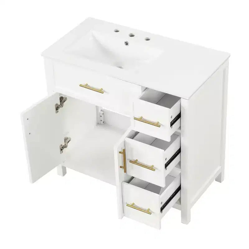Meuble-lavabo de salle de bain 36 po avec dessus de lavabo, 2 portes, 3 tiroirs, en bois massif et MDF, blanc