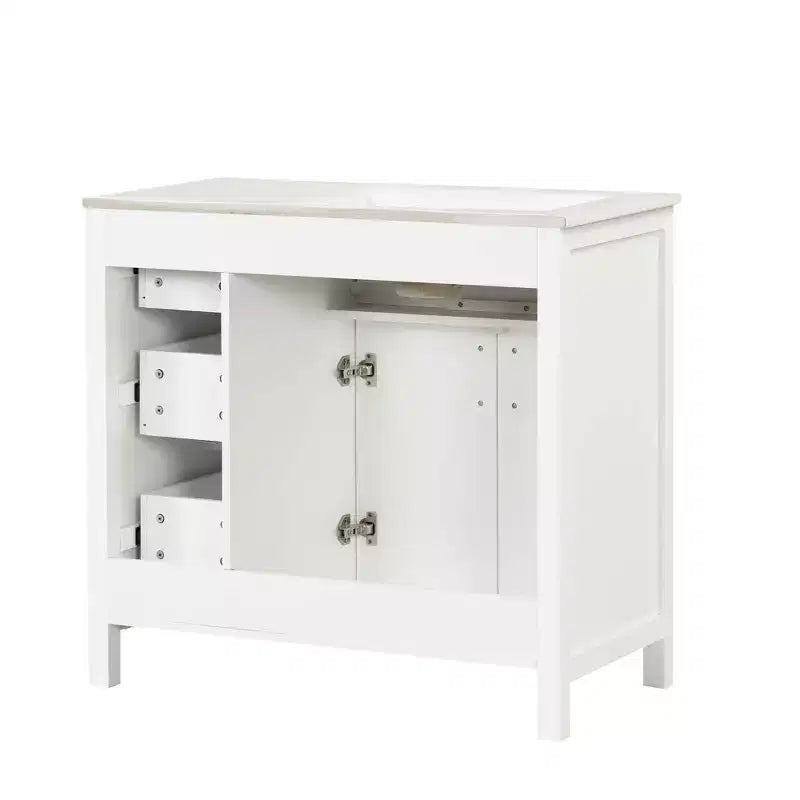 Meuble-lavabo de salle de bain 36 po avec dessus de lavabo, 2 portes, 3 tiroirs, en bois massif et MDF, blanc