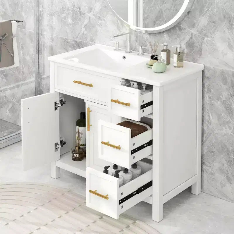 Meuble-lavabo de salle de bain 36 po avec dessus de lavabo, 2 portes, 3 tiroirs, en bois massif et MDF, blanc