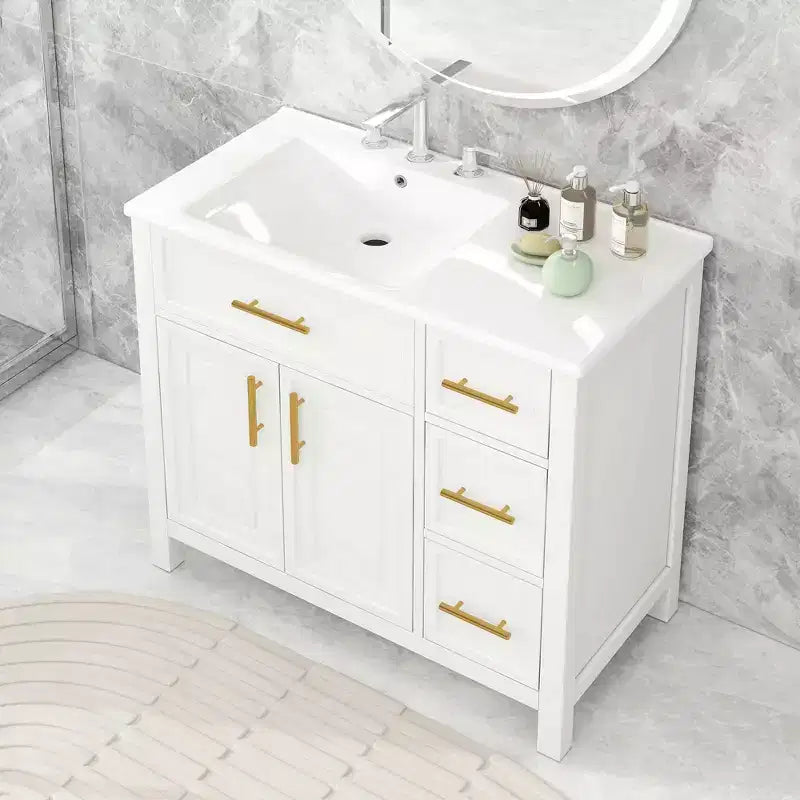 Meuble-lavabo de salle de bain 36 po avec dessus de lavabo, 2 portes, 3 tiroirs, en bois massif et MDF, blanc