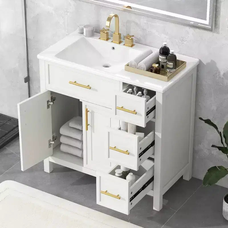 Meuble-lavabo de salle de bain 36 po avec dessus de lavabo, 2 portes, 3 tiroirs, en bois massif et MDF, blanc