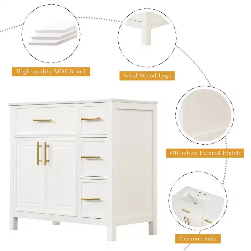 Meuble-lavabo de salle de bain 36 po avec dessus de lavabo, 2 portes, 3 tiroirs, en bois massif et MDF, blanc