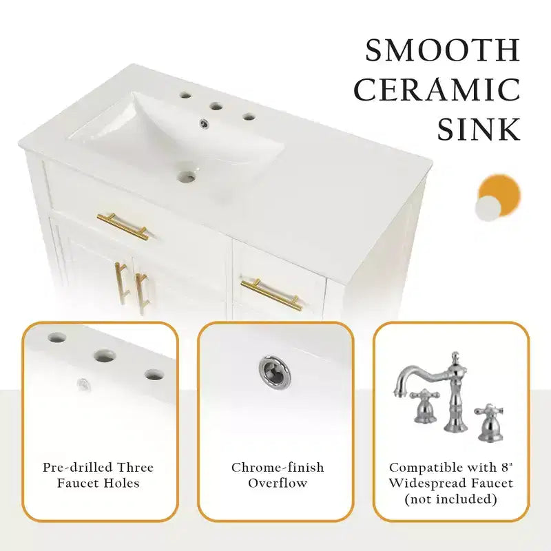 Meuble-lavabo de salle de bain 36 po avec dessus de lavabo, 2 portes, 3 tiroirs, en bois massif et MDF, blanc