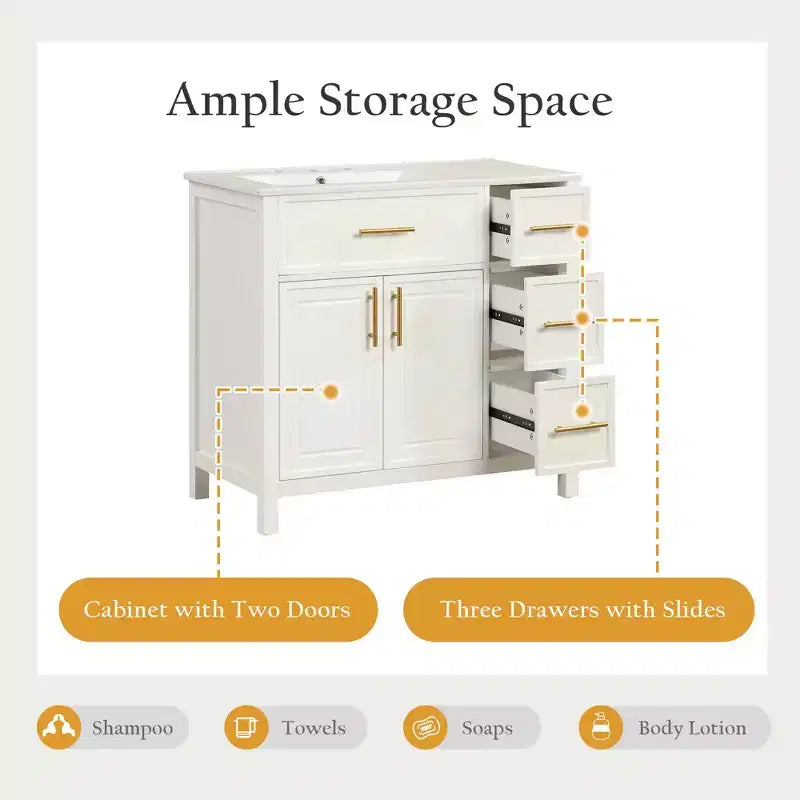 Meuble-lavabo de salle de bain 36 po avec dessus de lavabo, 2 portes, 3 tiroirs, en bois massif et MDF, blanc