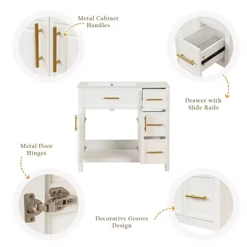 Meuble-lavabo de salle de bain 36 po avec dessus de lavabo, 2 portes, 3 tiroirs, en bois massif et MDF, blanc